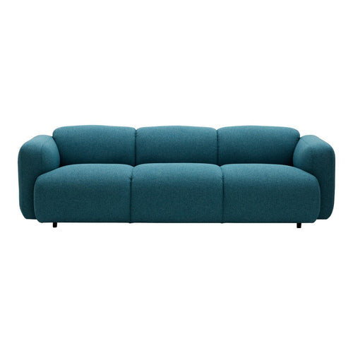 Teal upholstered sofa with modern design, featuring smooth lines and a plush, textured finish.