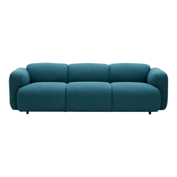 Teal upholstered sofa with modern design, featuring smooth lines and a plush, textured finish.