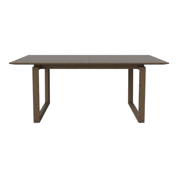 Brown wooden dining table with a smooth finish and simple, modern design.