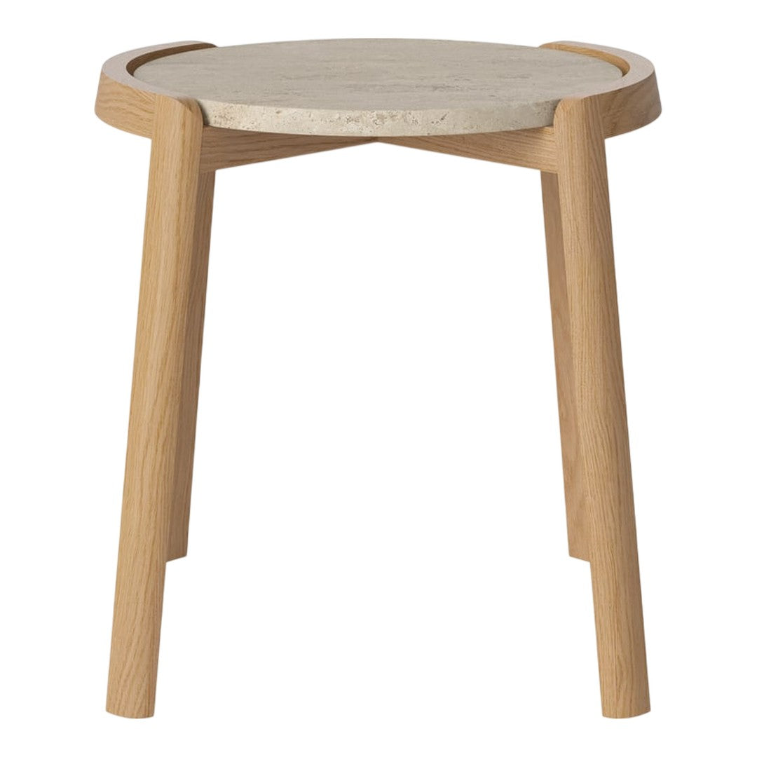 Light wood legs with a natural finish and a round, textured stone top in neutral shades. Elegant minimalist design.