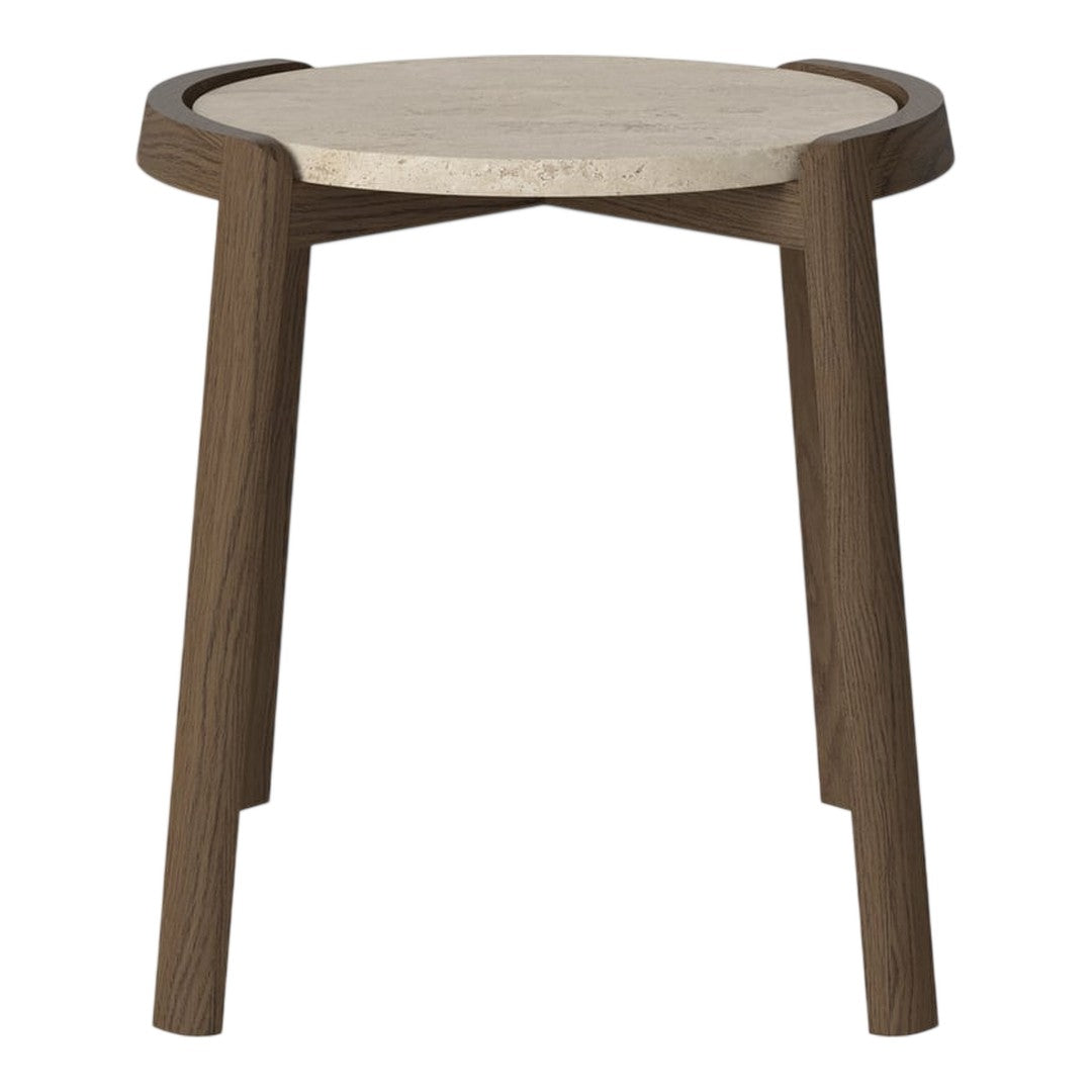 Dark wood mid-century modern side table with a light stone top, featuring a minimalist design and smooth finish.