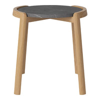 Light wood legs with a sleek black stone top, showcasing a natural finish and minimalist design.