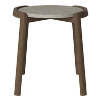 Brown wooden legs with a smooth gray stone top, featuring a minimalist design with clean lines.