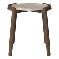 Round side table with a light marble top and dark wood legs, featuring a smooth, natural finish. Ideal for modern decor.