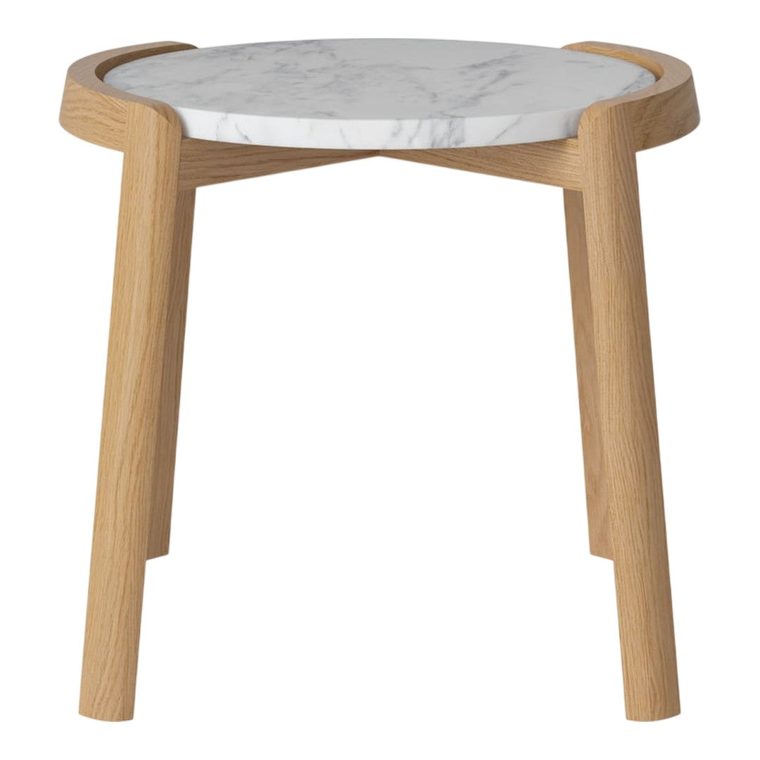Light wood legs with a white marble top featuring subtle gray veining patterns. Elegant and modern design.