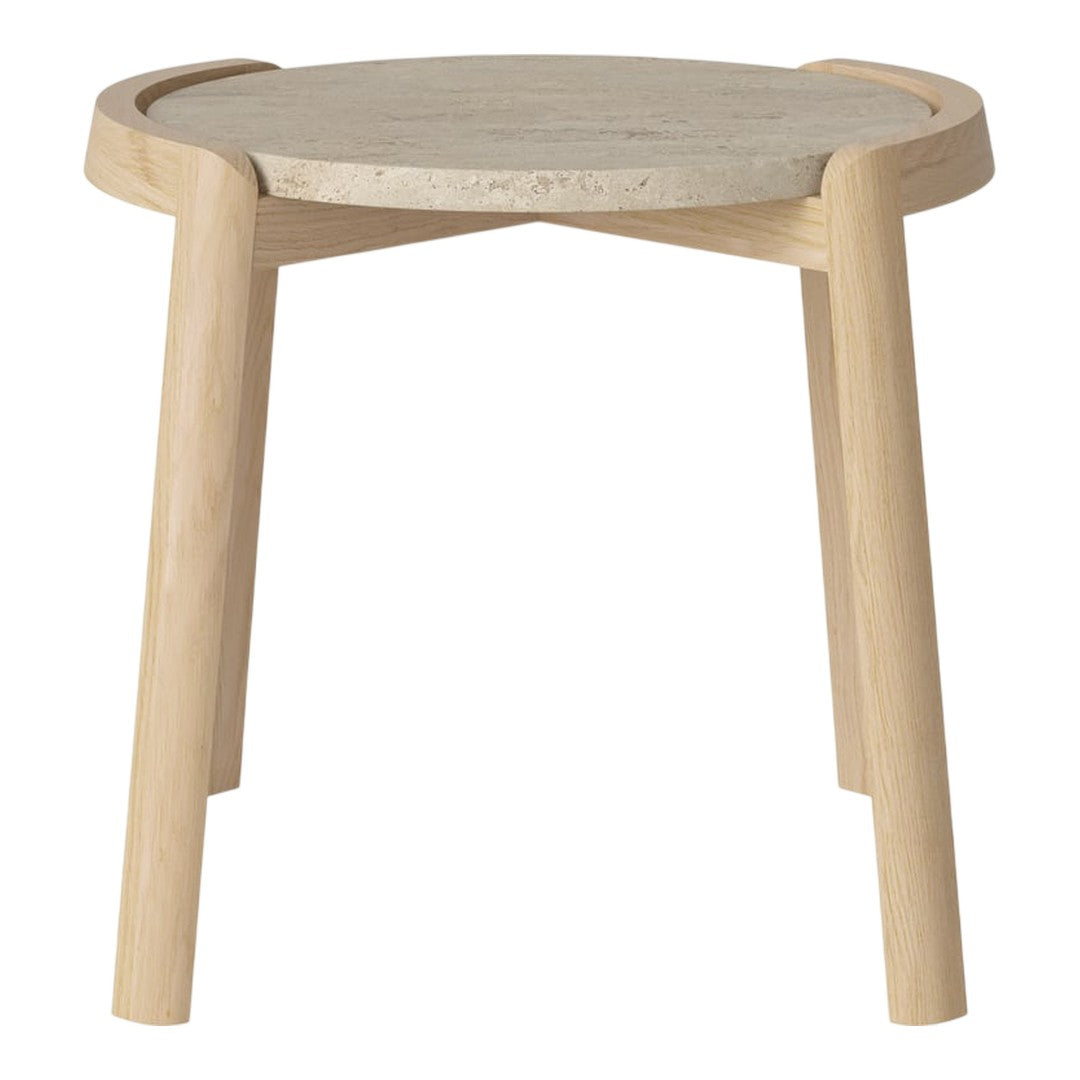 Natural wood stool with a light finish and a smooth, circular gray tabletop. Simple and minimalist design.