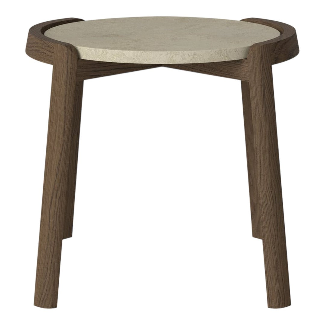 Brown wood legs with a round light gray stone top, featuring a smooth, minimalist design. Elegant and modern look.