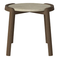 Brown wood legs with a round light gray stone top, featuring a smooth, minimalist design. Elegant and modern look.