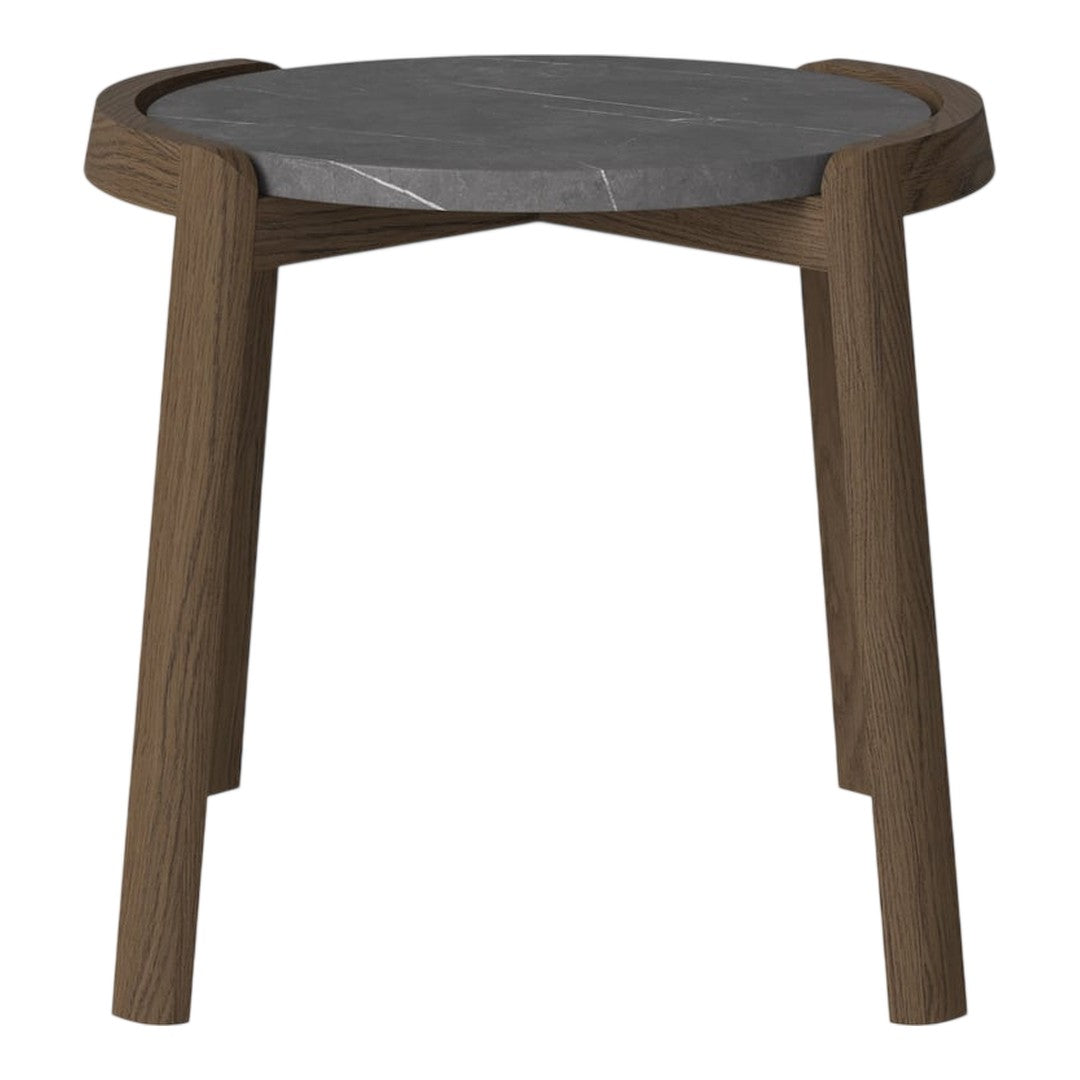 Stylish round side table with dark gray top and natural wood legs, featuring a smooth, modern design.