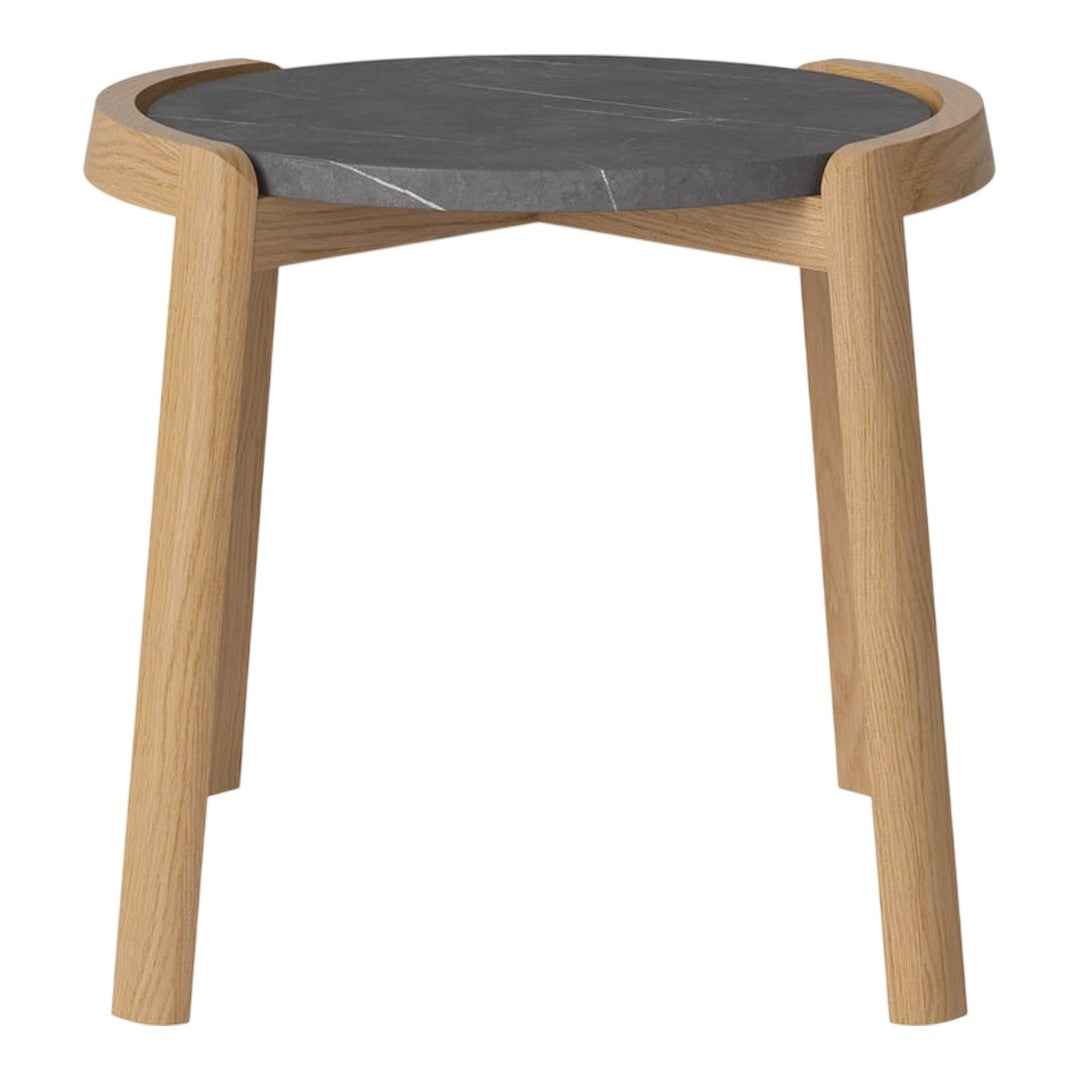 Light wood legs with a sleek, dark gray marble top, featuring subtle veining for a modern, minimalist design.