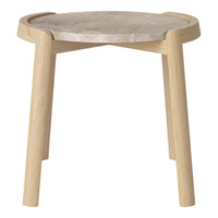 Natural wood legs support a circular, smooth, gray stone tabletop with subtle texture. Ideal for modern decor.