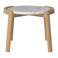 Round marble-top side table with a natural wood base, featuring a smooth white and grey marble pattern.