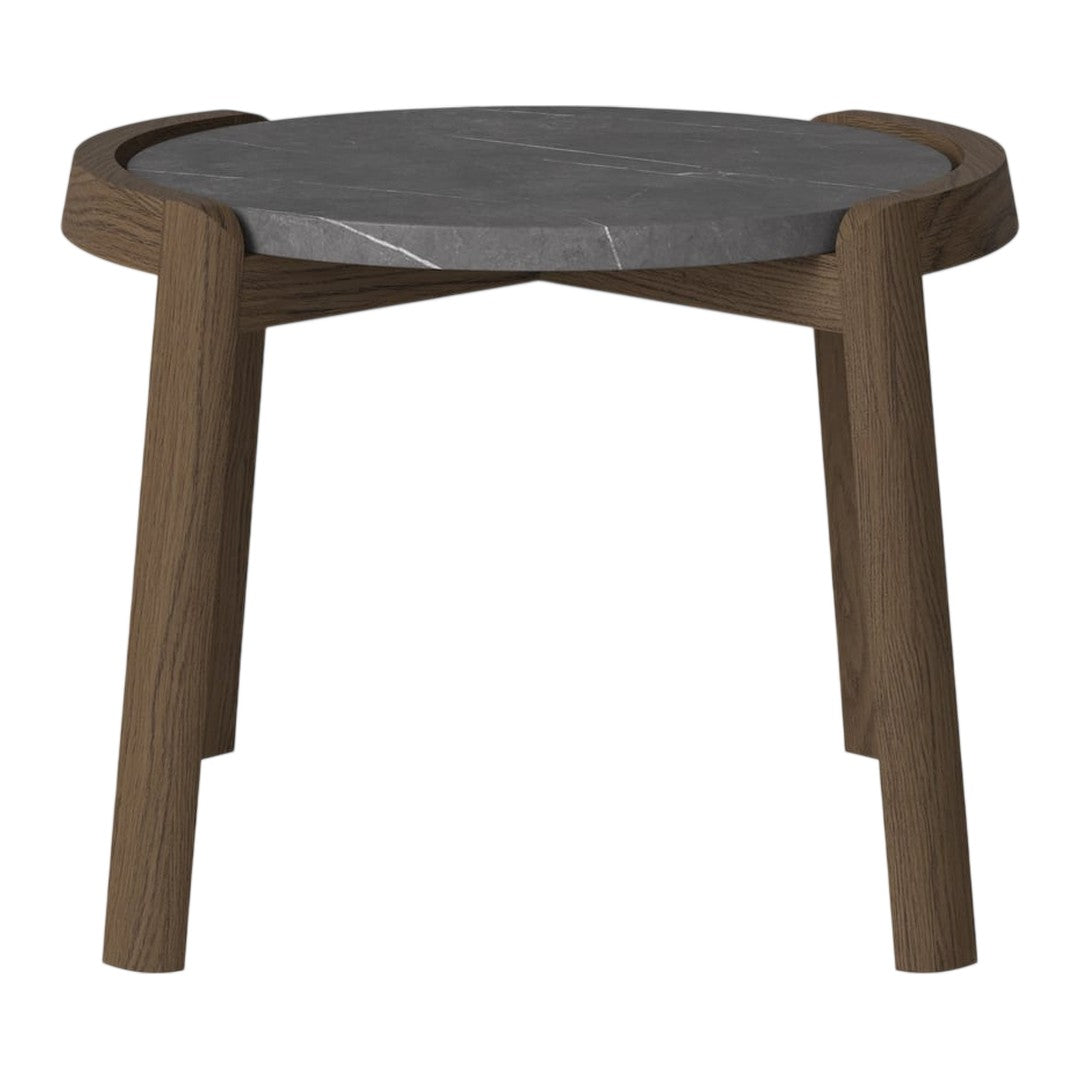 Modern round side table with a dark marble top and a warm brown wooden base. Sleek and minimalist design.