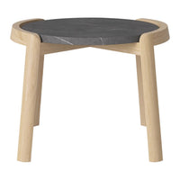 Natural wood legs with a sleek dark gray marble top, featuring subtle veining for modern elegance.