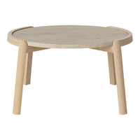 Light wood coffee table with a round stone top and smooth, natural finish. Perfect for modern and minimalist decors.
