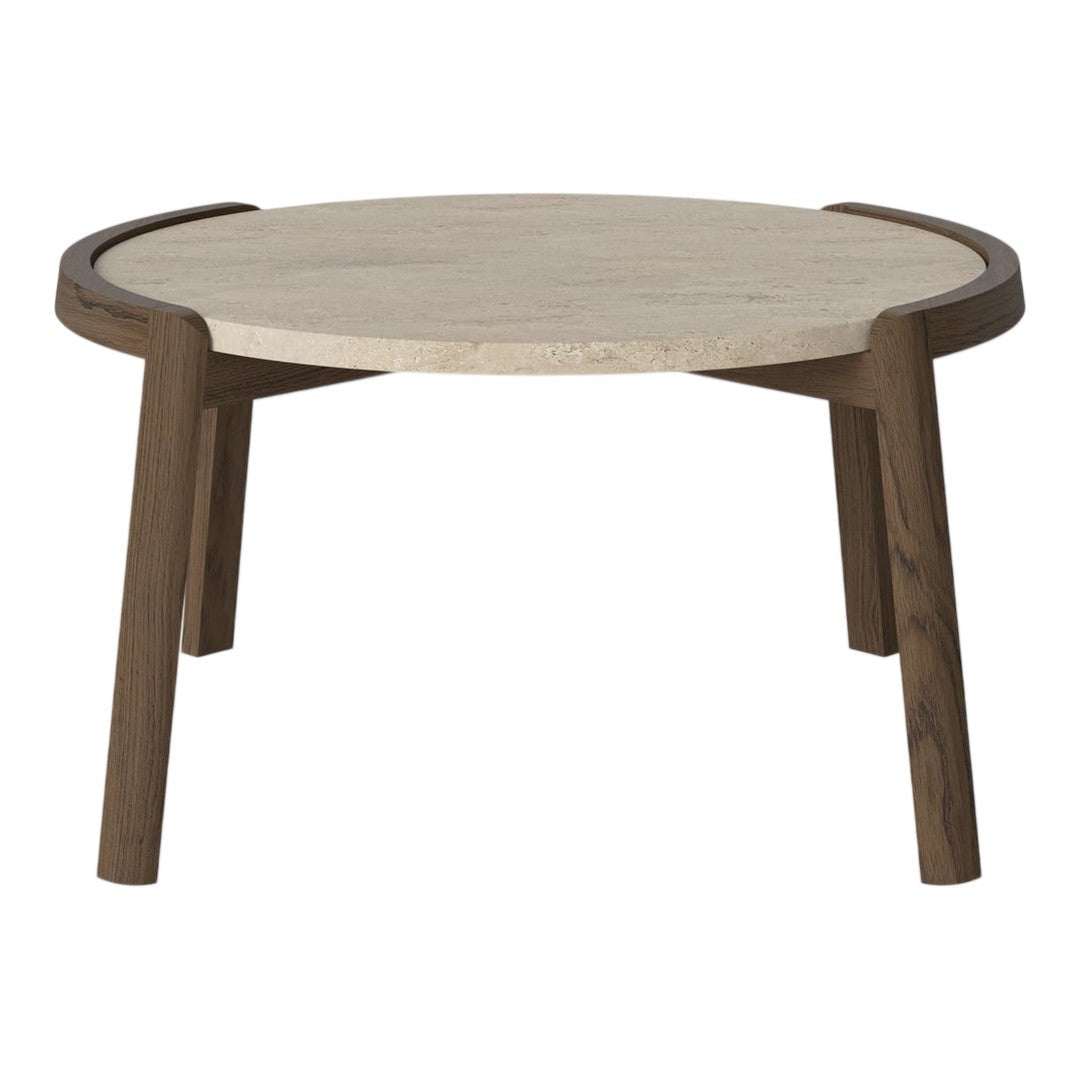 Round coffee table with a light beige top and dark wood legs, featuring a smooth, minimalistic design.