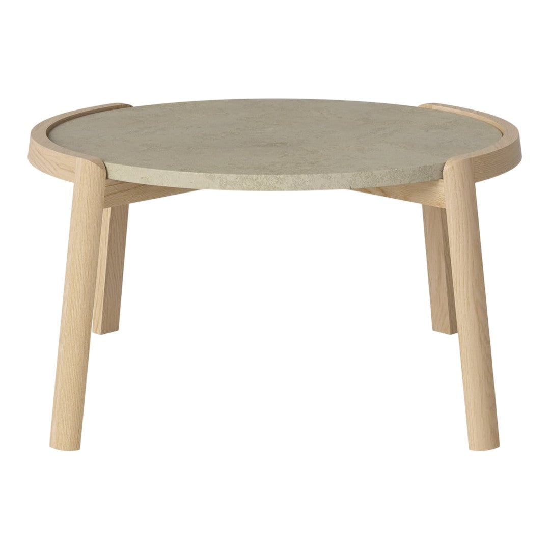 Modern round coffee table with a gray stone top and light wood legs, featuring a smooth, minimalist design.