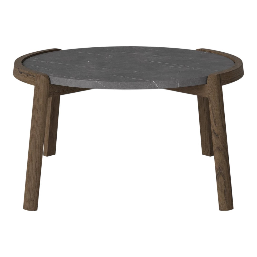 Round coffee table with a dark gray marble top and natural wood legs featuring a smooth finish.