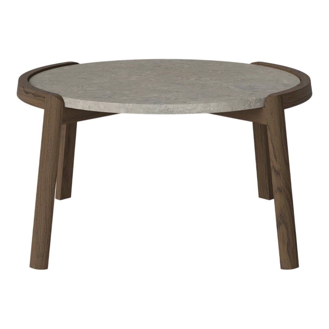 Round coffee table with a gray marble top and warm wooden legs, featuring a smooth, modern design.
