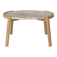 Light wood coffee table with a round, gray marble top and natural finish legs, featuring smooth, clean lines.