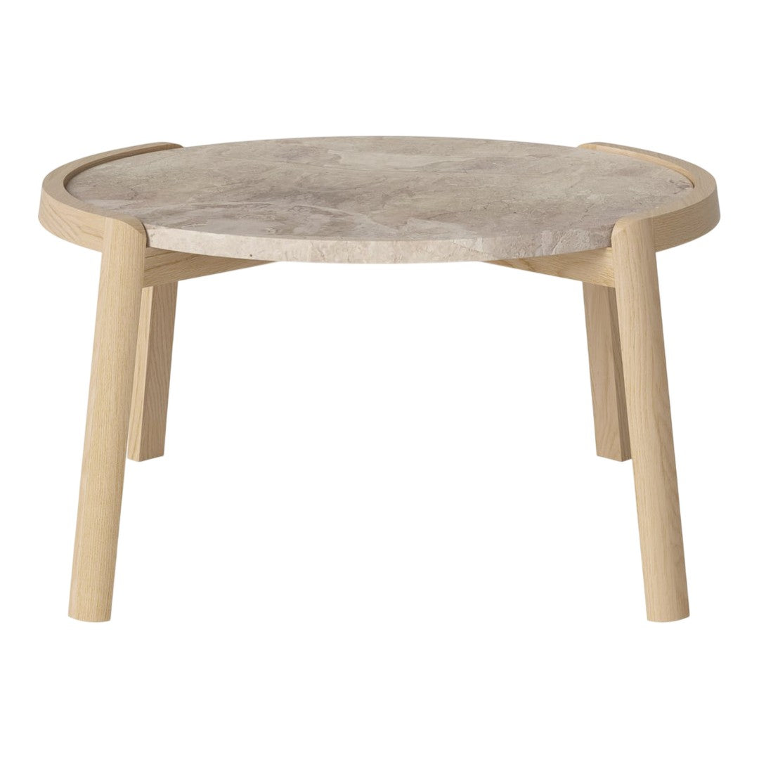 Round coffee table with a light wood base and a marbled gray tabletop, showcasing a modern minimalist design.
