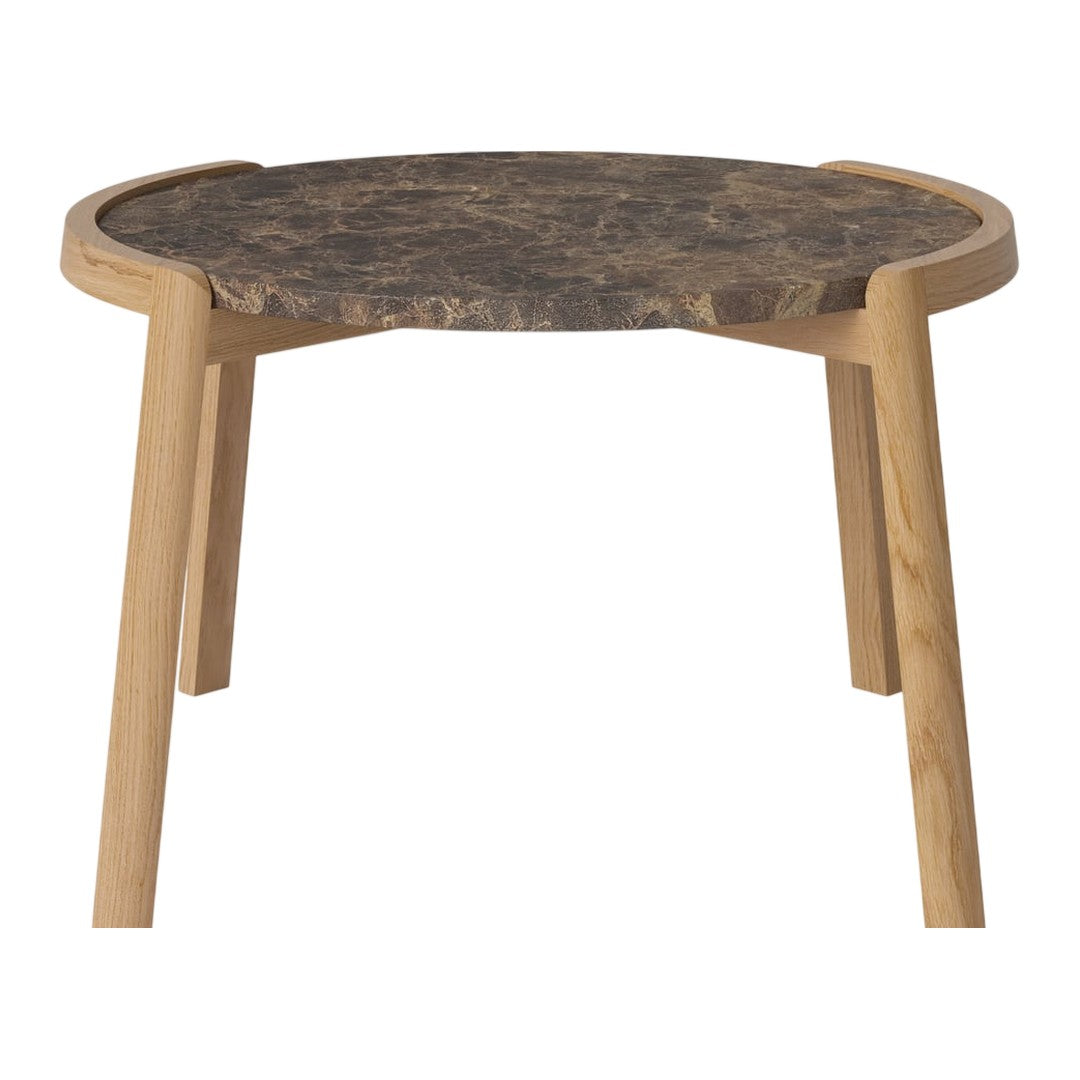 Round wooden side table with a textured dark brown top and natural light wood legs. Ideal for modern decor.