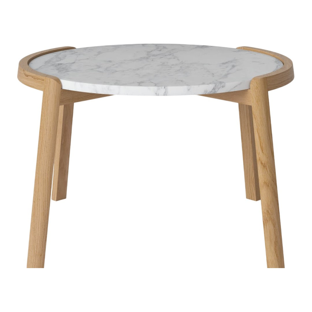 Round table with a white marble top and natural wood legs, featuring a smooth, elegant surface and minimalist design.