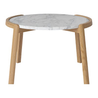 Round table with a white marble top and natural wood legs, featuring a smooth, elegant surface and minimalist design.