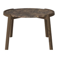 Round wooden table with a dark wood finish and natural, textured stone-like pattern on the tabletop.