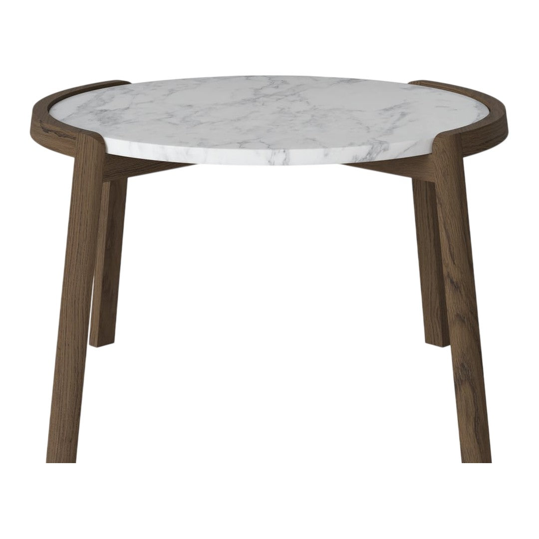 Round table with a white marble top and dark wood legs, featuring a smooth surface and minimalist design.