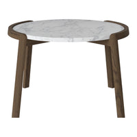 Round table with a white marble top and dark wood legs, featuring a smooth surface and minimalist design.