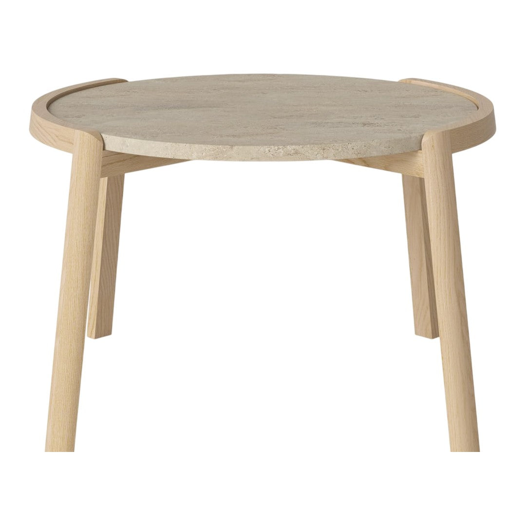 Round table with a natural wood base and light beige marble top, featuring a smooth surface and minimalistic design.