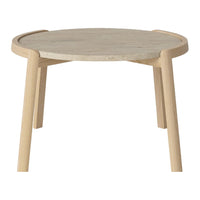 Round table with a natural wood base and light beige marble top, featuring a smooth surface and minimalistic design.