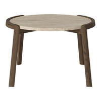 Round wooden table with a light beige top and dark wood legs, featuring a smooth, minimalist design.