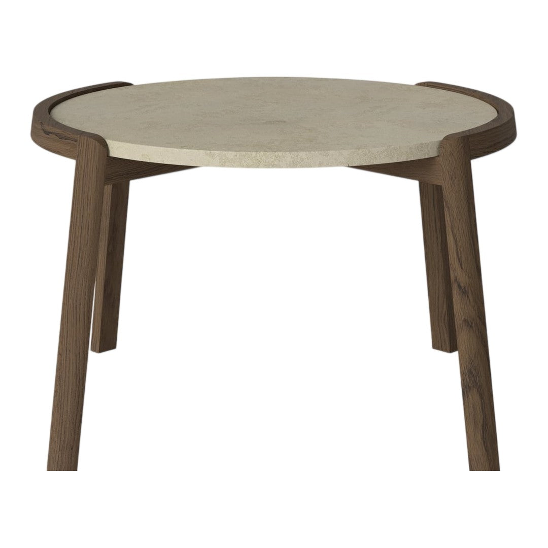 Round beige tabletop with warm wooden legs, featuring a smooth light-colored surface and a simple, modern design.