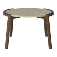 Round beige tabletop with warm wooden legs, featuring a smooth light-colored surface and a simple, modern design.