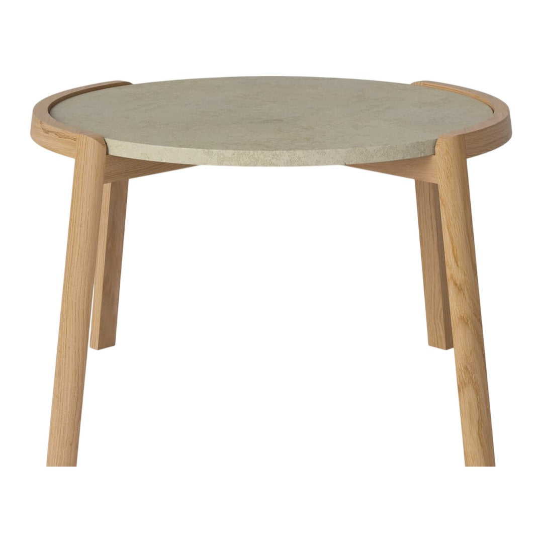 Light gray round tabletop with natural wood legs, featuring a smooth, minimalist design.