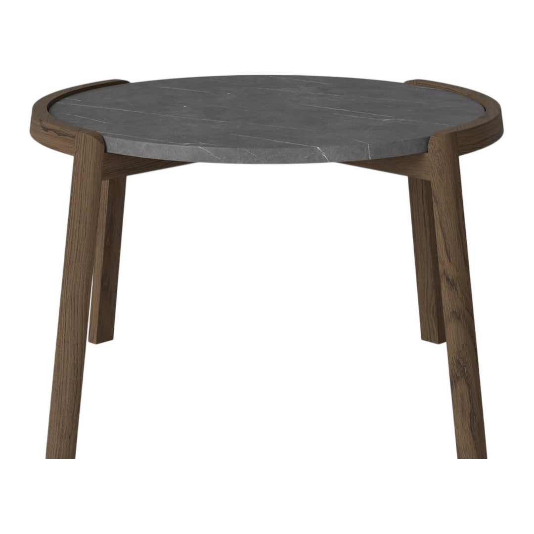 Round table with a sleek grey marble top and natural wood legs, featuring a minimalist design.
