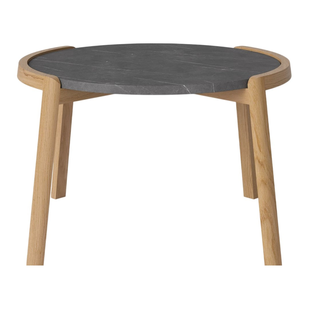 Round table with a gray stone top and natural wood legs, featuring a sleek, minimalist design.