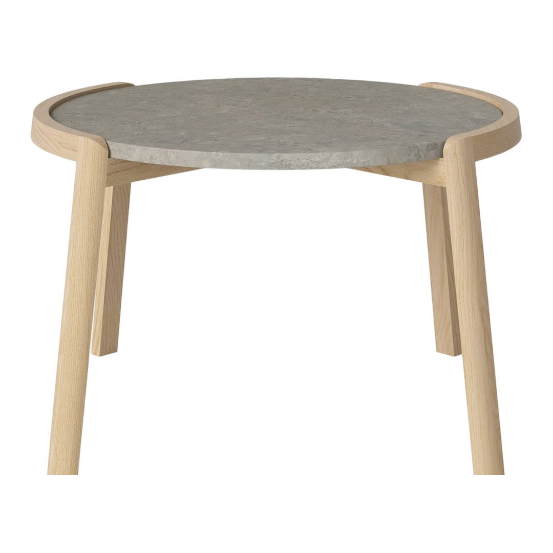 Light wood frame with a round gray stone top. Modern design, perfect for minimalist decor.