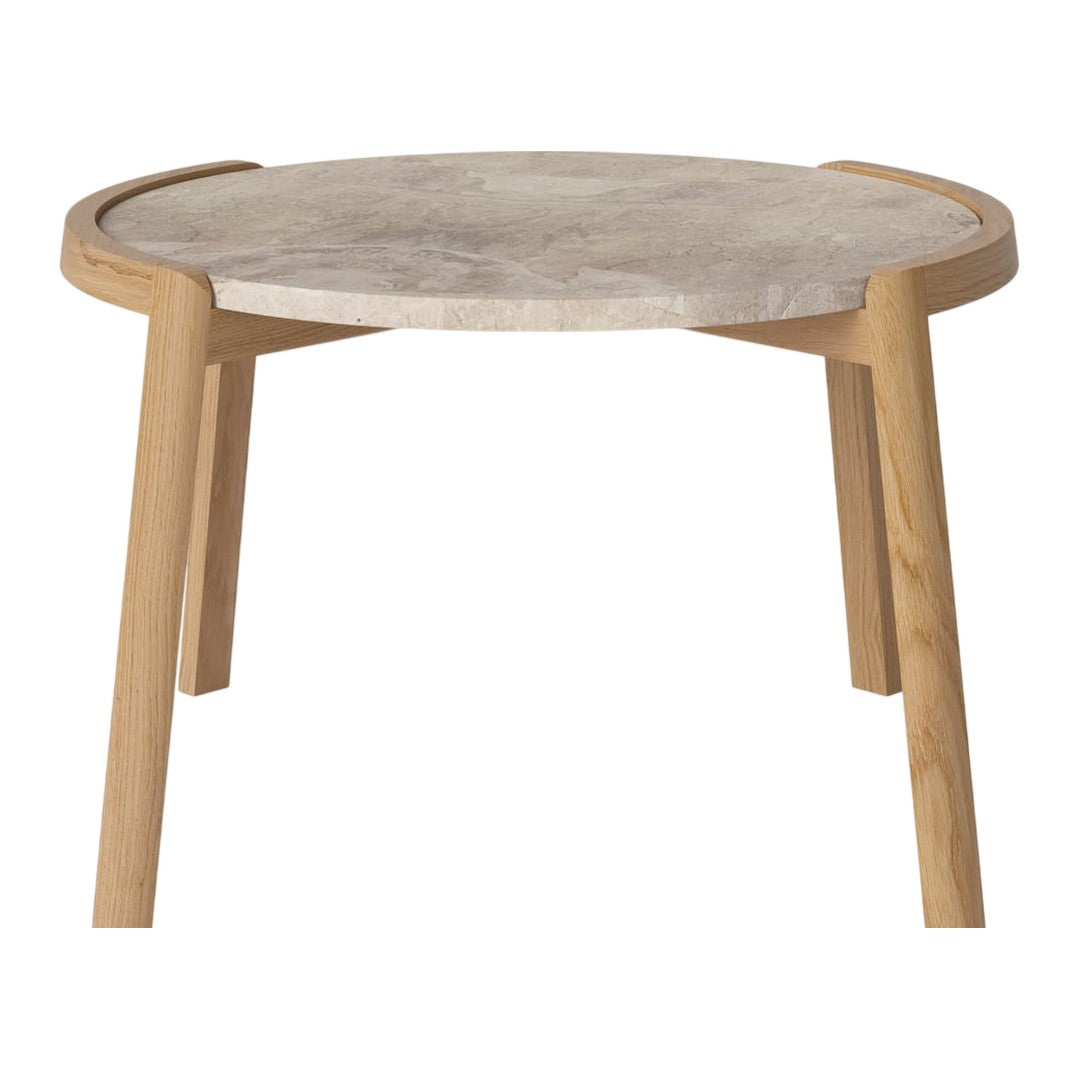 Round marble top side table with natural wooden legs, featuring a smooth gray and beige pattern.