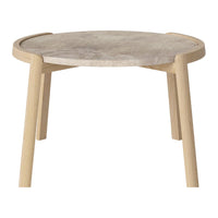 Round beige stone tabletop with light wooden legs, featuring a smooth, natural finish and subtle texture.