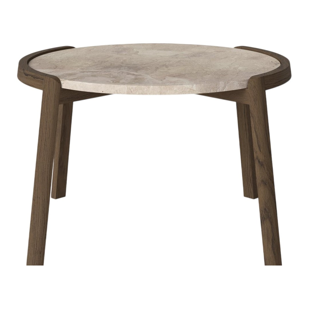 Round table with a textured light gray top and dark wooden legs, featuring a minimalist design and natural finish.