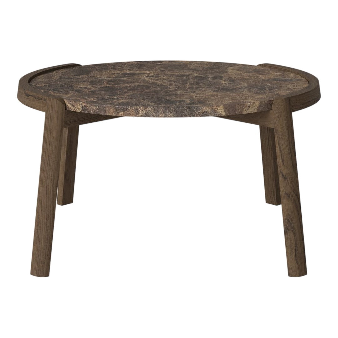 Round coffee table with a dark, marbled top and earthy-toned wooden legs. Modern and stylish design.