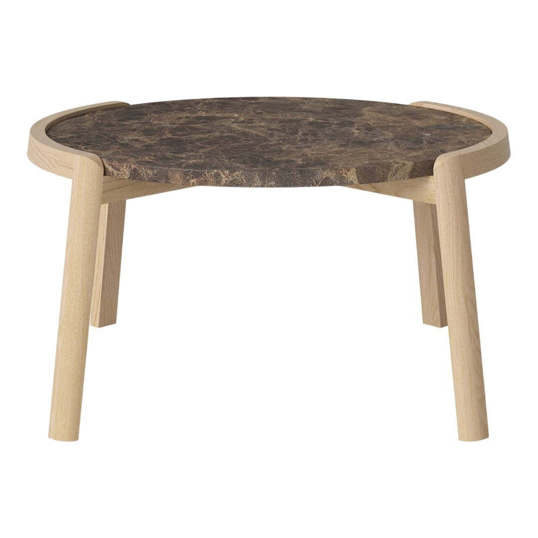 Round coffee table with a dark wood grain top and light wooden legs, featuring a smooth, modern design.
