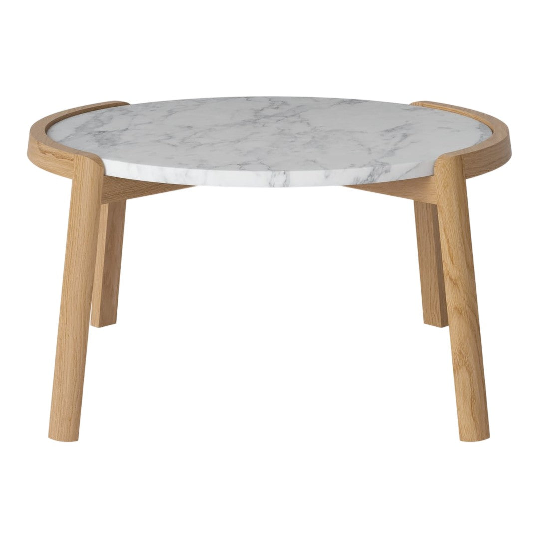 Round coffee table with a white marble top and natural wooden legs. Modern design featuring smooth textures and neutral tones.