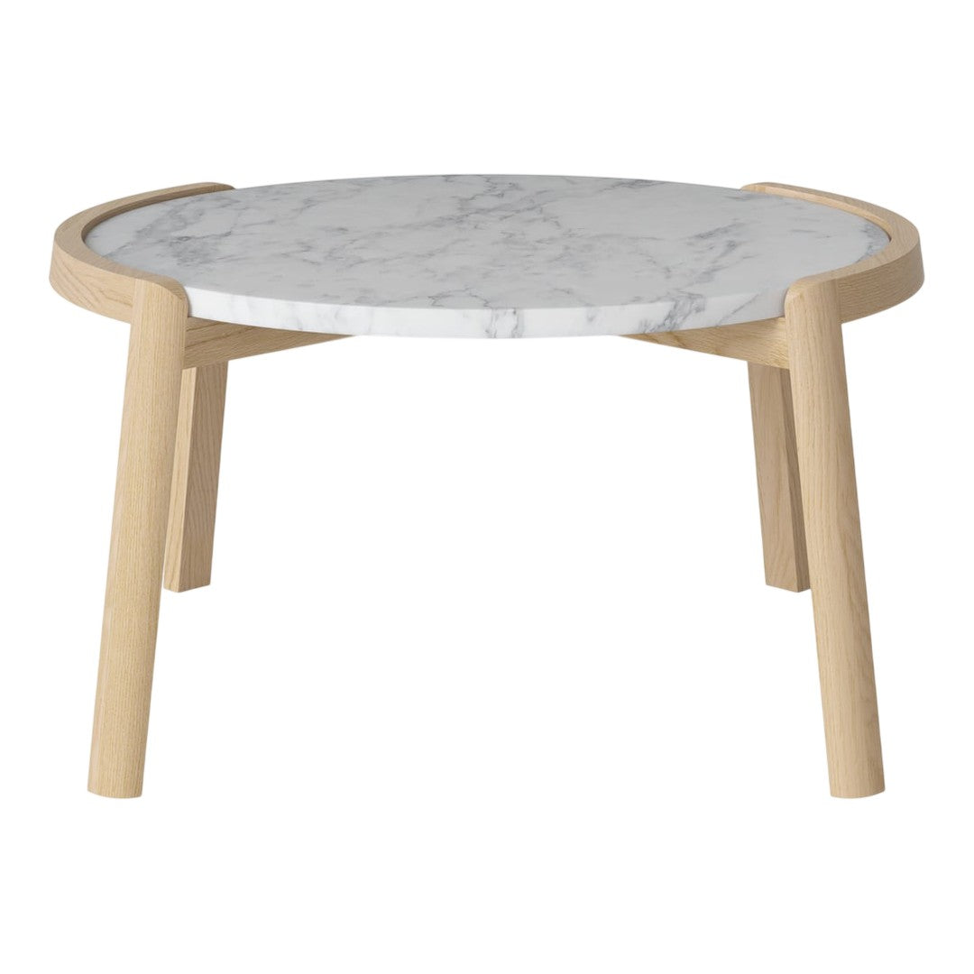 Round coffee table with a white marble top and natural wood legs, featuring a smooth, minimalist design.