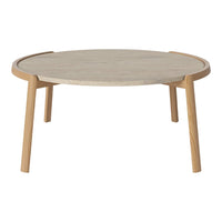 Round coffee table with a light wood top and natural wood legs, featuring a smooth, minimalist design.