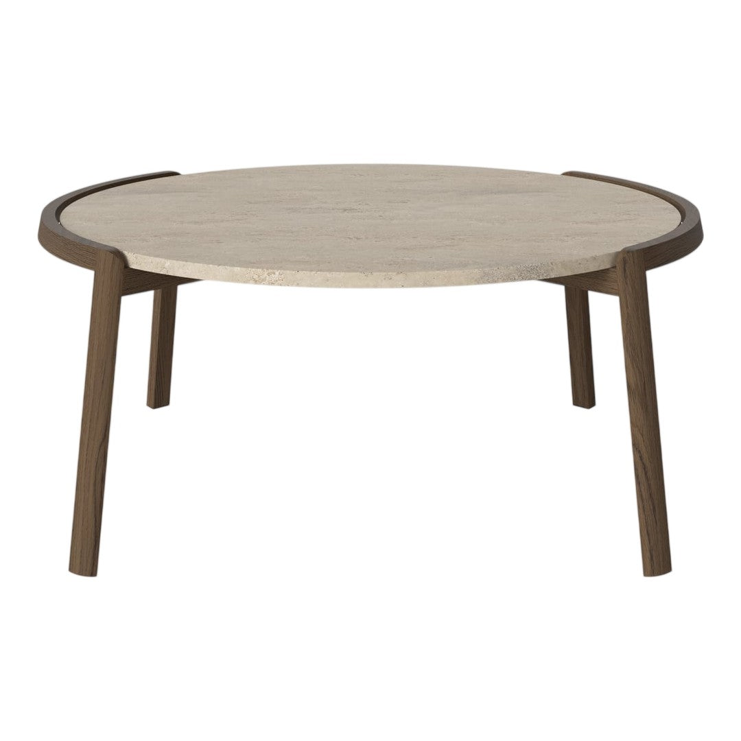 Round coffee table with a light beige top and dark brown wooden legs, featuring a smooth, clean design.