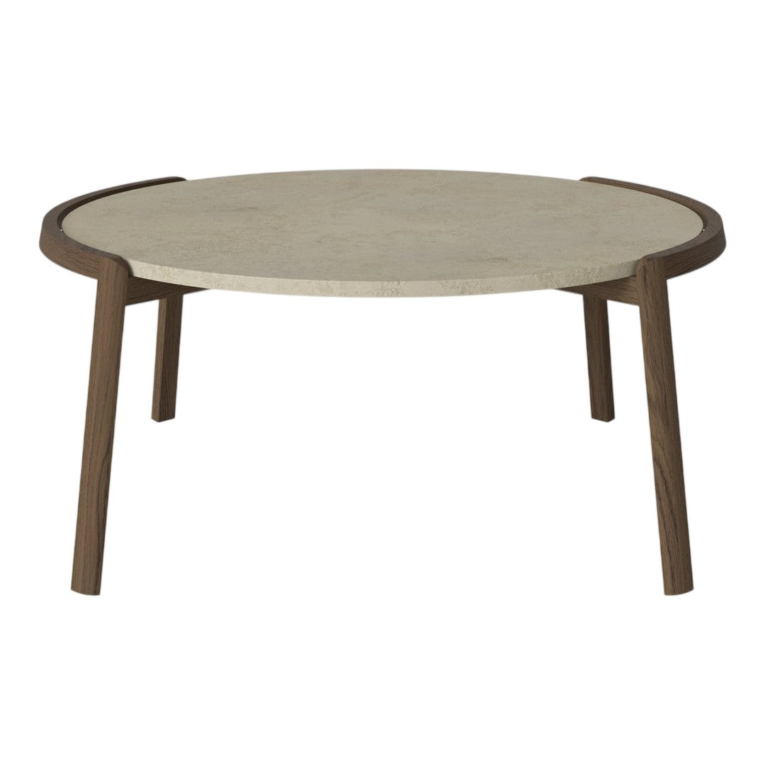 Round coffee table with a beige stone top and dark brown wooden legs, featuring a modern, minimalist design.